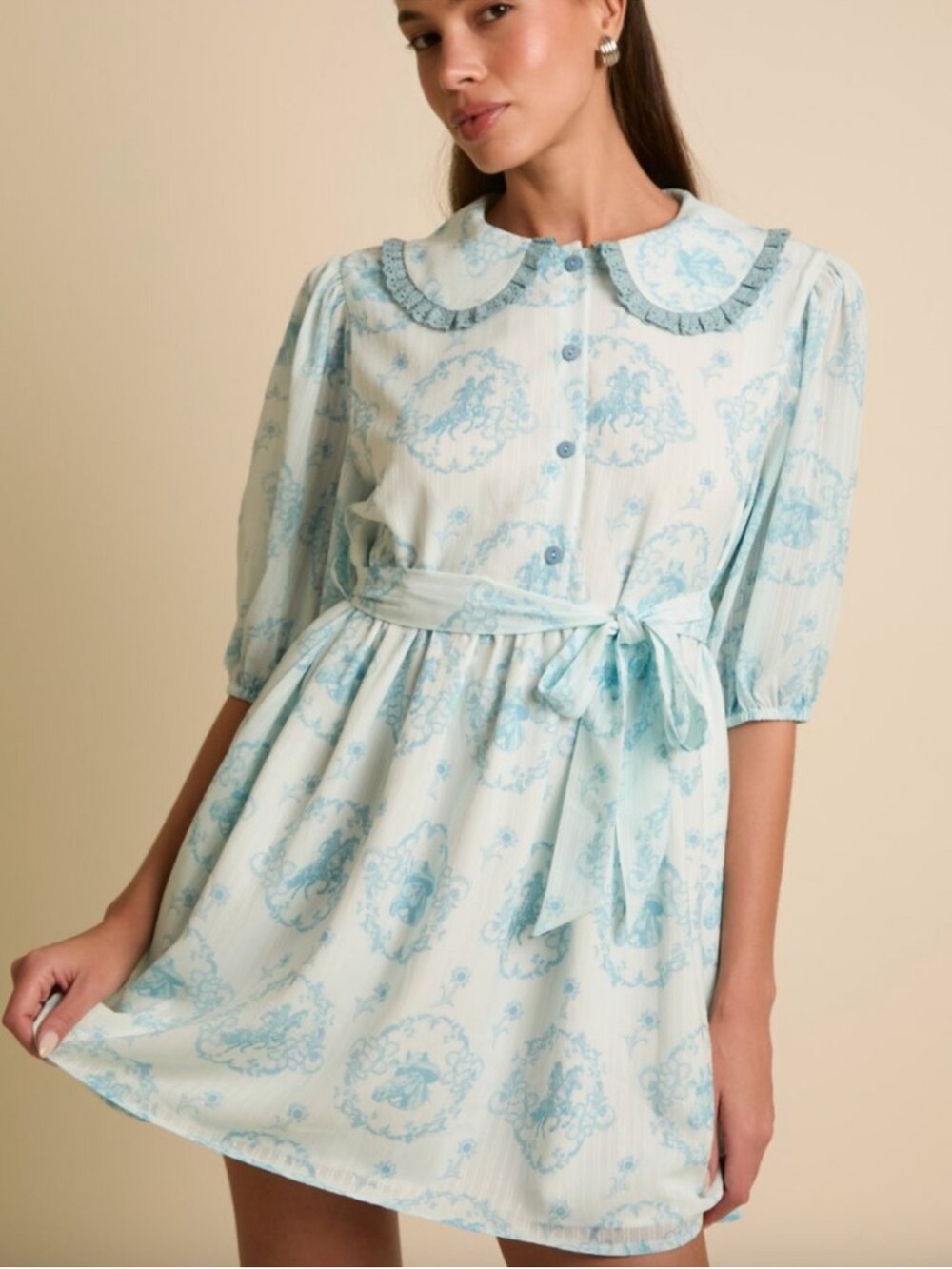Fantastic Fawn Blue & White Toile Mini Dress – Size Large
